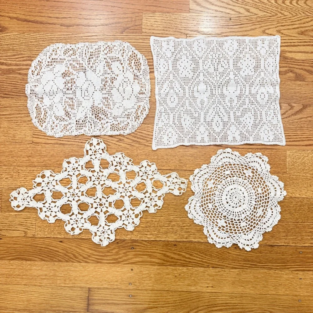 Crochet Doily Lot 24pc White Cream Lace Assorted Shapes Butterfly Floral 1970s